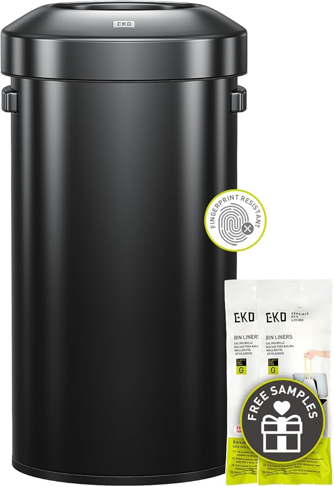 EKO Urban 24 Gallon Round Black Stainless Steel Open Top Waste Bin, Tall by EKO