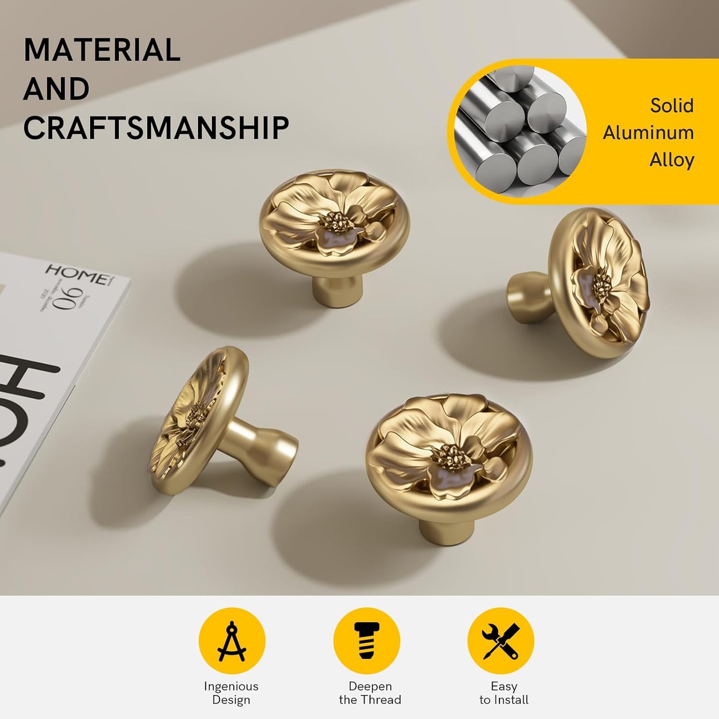 Rergy Cabinet Knobs for Drawer Dresser Closet Flower Shape 20 Pack, Solid Lemon Gold Drawer Knobs, Brushed Brass Zinc Alloy Cabinet Hardware for Cupboard Drawers Dressers