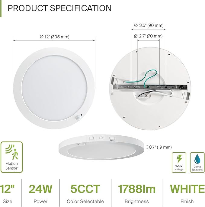 ASD LED 12" Round Flush Mount Ceiling Light Fixture, Low Profile Surface - Image 2