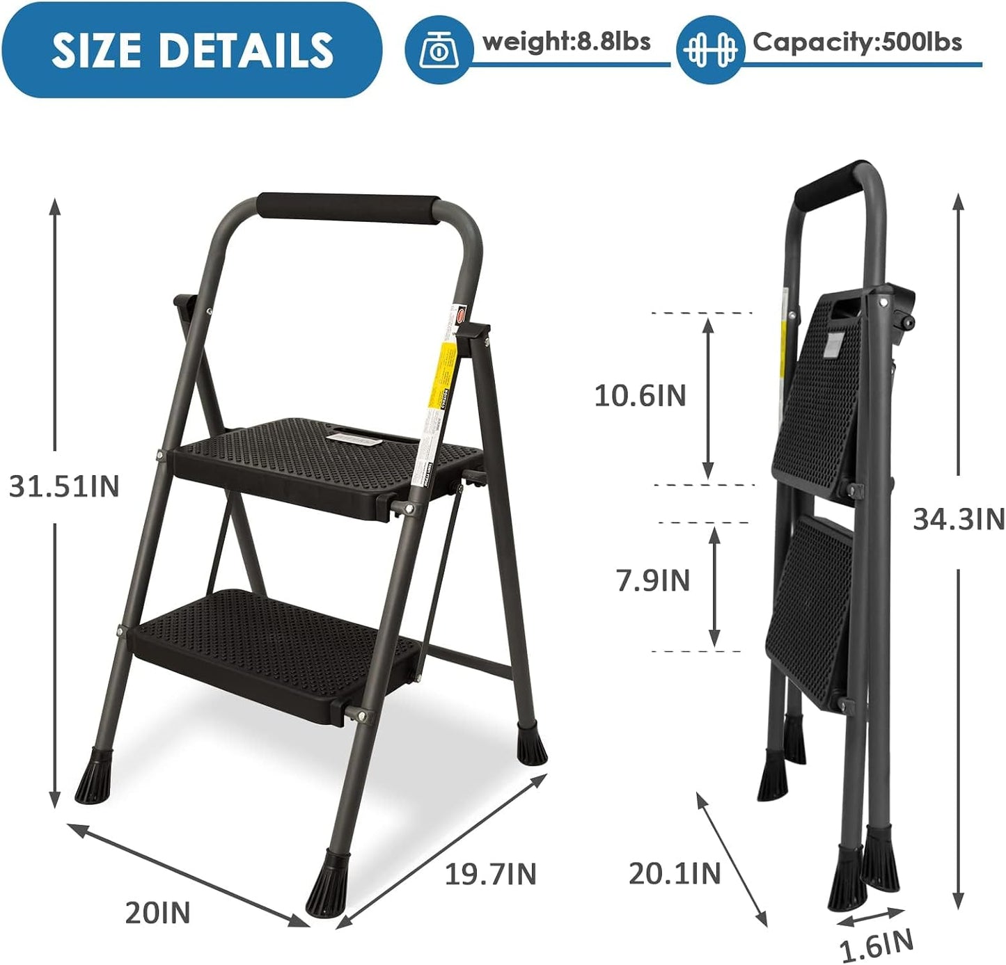 GOLYTON 2 Step Ladder,Step Stools for Adults, 500lbs Capacity | Step Stool Foldable, Steel Ladder for Household and Office, Grey