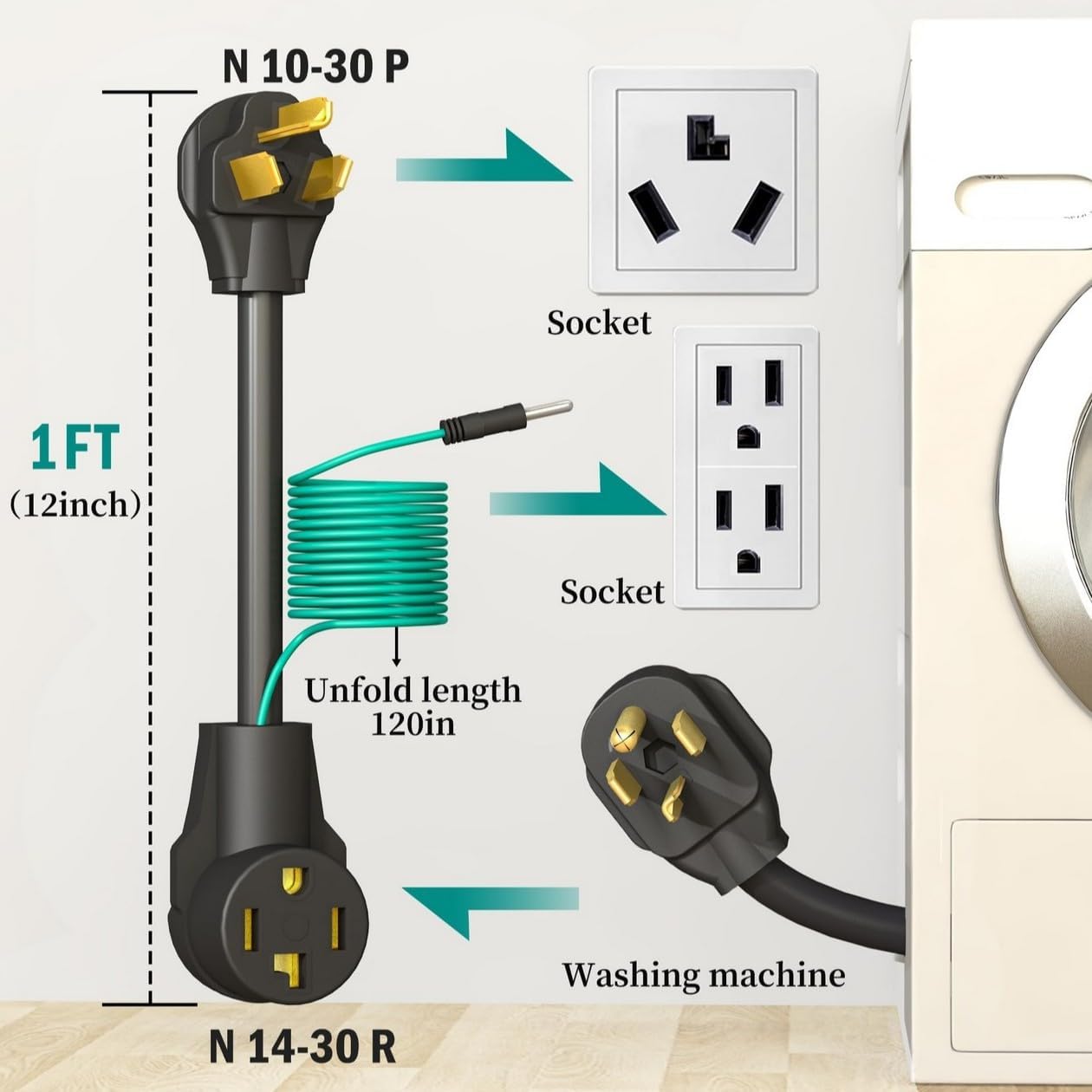 4 Prong to 3 Prong Dryer Plug Adapter with Green Ground Wire | Connects 4-Prong New Dryer Female to 3 Prong Old Dryer Male Receptacle, 10-30P to 14-30R Dryer Adapter