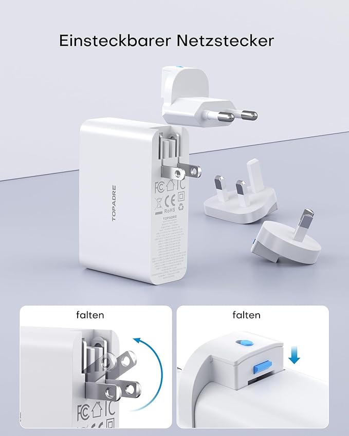 Topadre 100W USB C Travel Charger, 4-Ports Foldable Travel Adapter Plug - Image 5