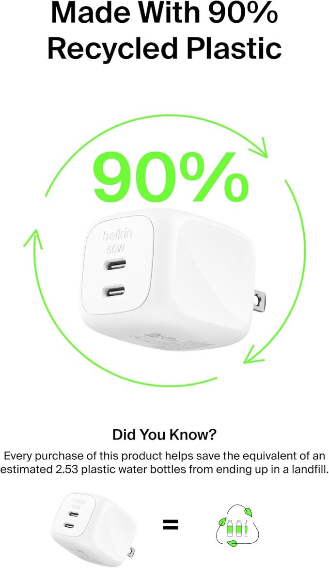 Belkin 2-Port USB C Charger Block 50W, Dual-Port GaN Charger w/ 2X USB C Ports - Image 9