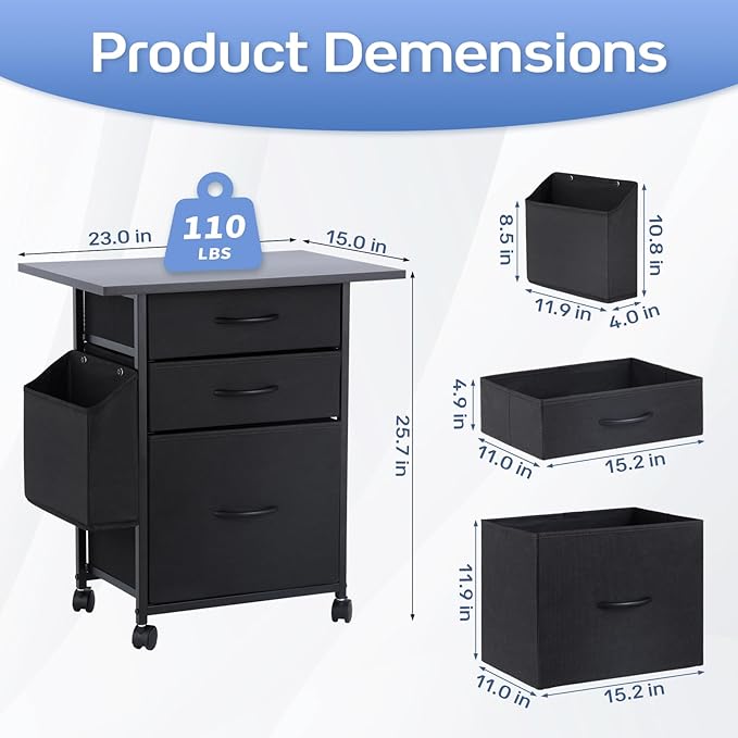 Printer Stand with 3 Fabric Drawer, Mobile File Cabinet - Image 3