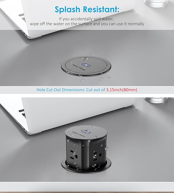 Jgstkcity Pop Up Outlet with 15W Wireless Charger, 4 Outlets 15A, Splash - Image 6