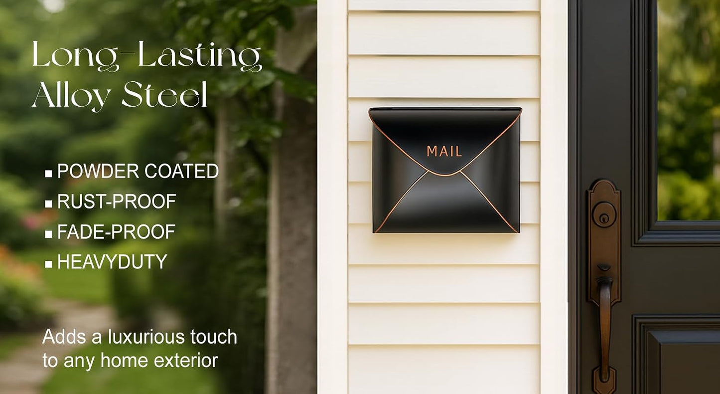 NACH Black Mailbox Wall Mount, 11.5 x 9 x 4.5 inch Wall Mount Mailboxes for Outside, Waterproof Mailboxes for Outside - Envelope Mailbox