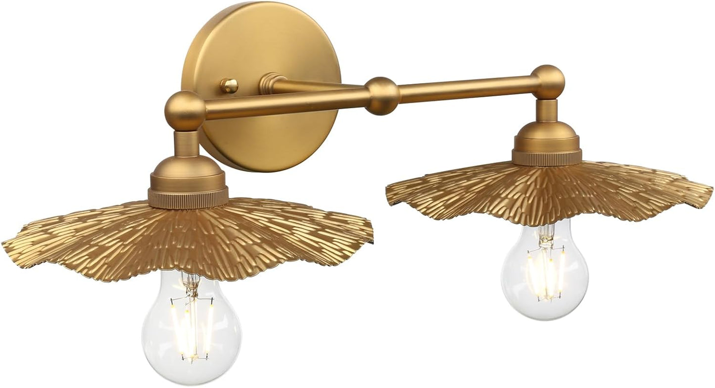 2-Lights Industrial Metal Wall Sconces, Antique Brass Flower Rippled Shade Wall Light Fixture for Bathroom Vanity, Bedroom, Dining Room, Living Room, Farmhouse, Stairs, Hallway