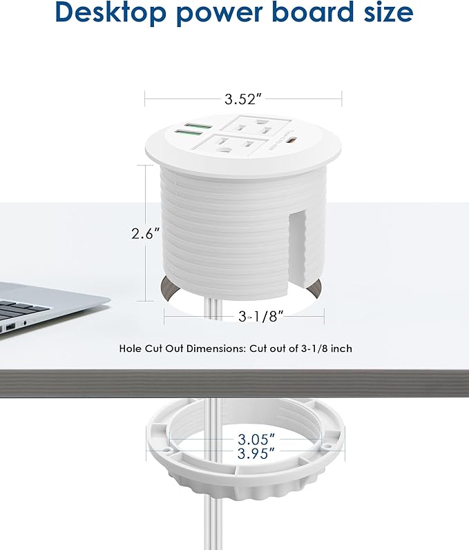 3-inch Desktop Power Grommet, Max 65W USB C Charger, 2 Outlets and 3 USB - Image 6