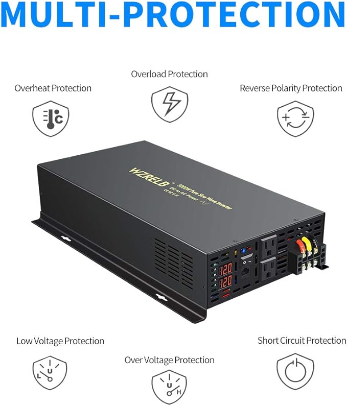 WZRELB 5000W 12VDC 120VAC Pure Sine Wave Power Inverter, 2 AC Outlets, Wired - Image 5