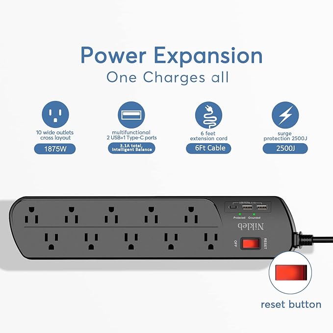 Extension Cord with Multiple Outlets, Surge Protector Power Strip with USB - Image 2