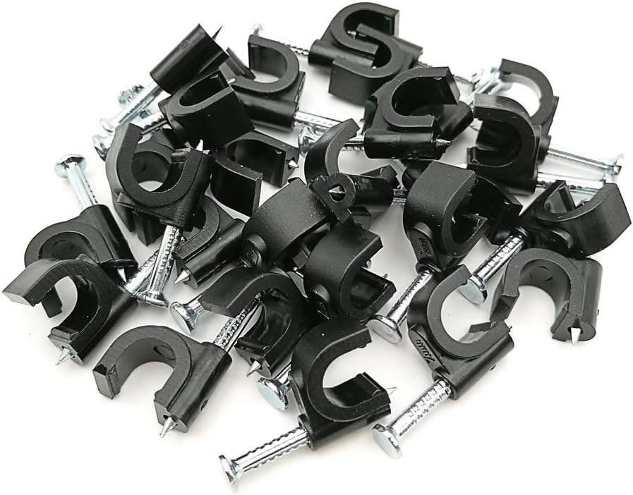 HS 7mm Ethernet Cat6 Cable Clips Clamps RG6 with Steel Nail (200 Pack) Wire Clips Black for Wall,Cord Management