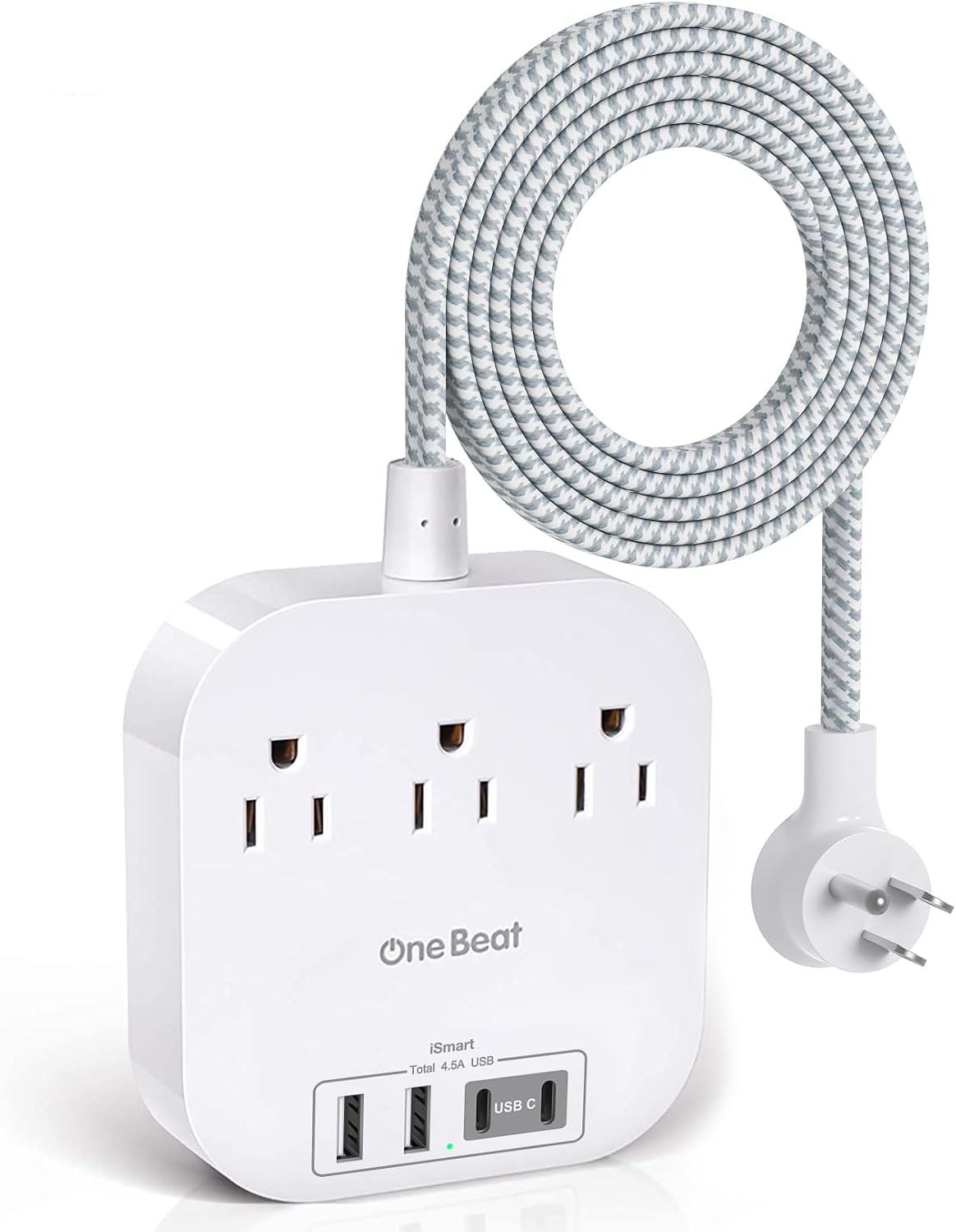 One Beat Power Strip with USB C, 3 Outlets 4 USB Ports (22.5W/4.5A), 6ft | Desktop Charging Station, Flat Plug, Braided Extension Cord, Non Surge Protector for Travel, Cruise Ship, ETL Listed