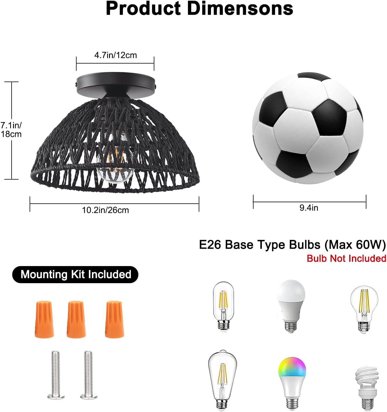 2 Pack 10.2" H Farmhouse Fixtures Ceiling Mount,Black Rattan Boho Semi Flush Mount Ceiling Light,Hand Woven Hallway Light Fixtures for Bedroom Entryway