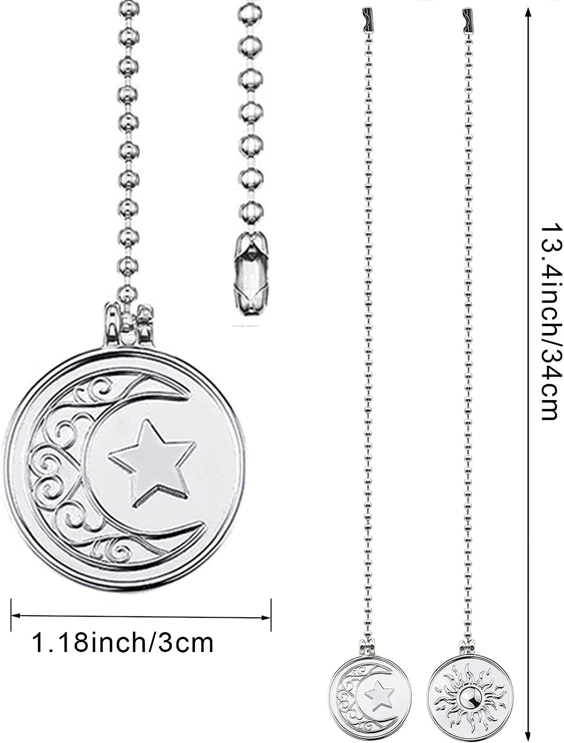 Ceiling Fan Pull Chain Sun Moon Pattern,2 Pcs 12 Inch Beaded Ball Pull Chain Extender Decorative With Connector, Newst Style Fan Light Pendant Extension Decor,Silver