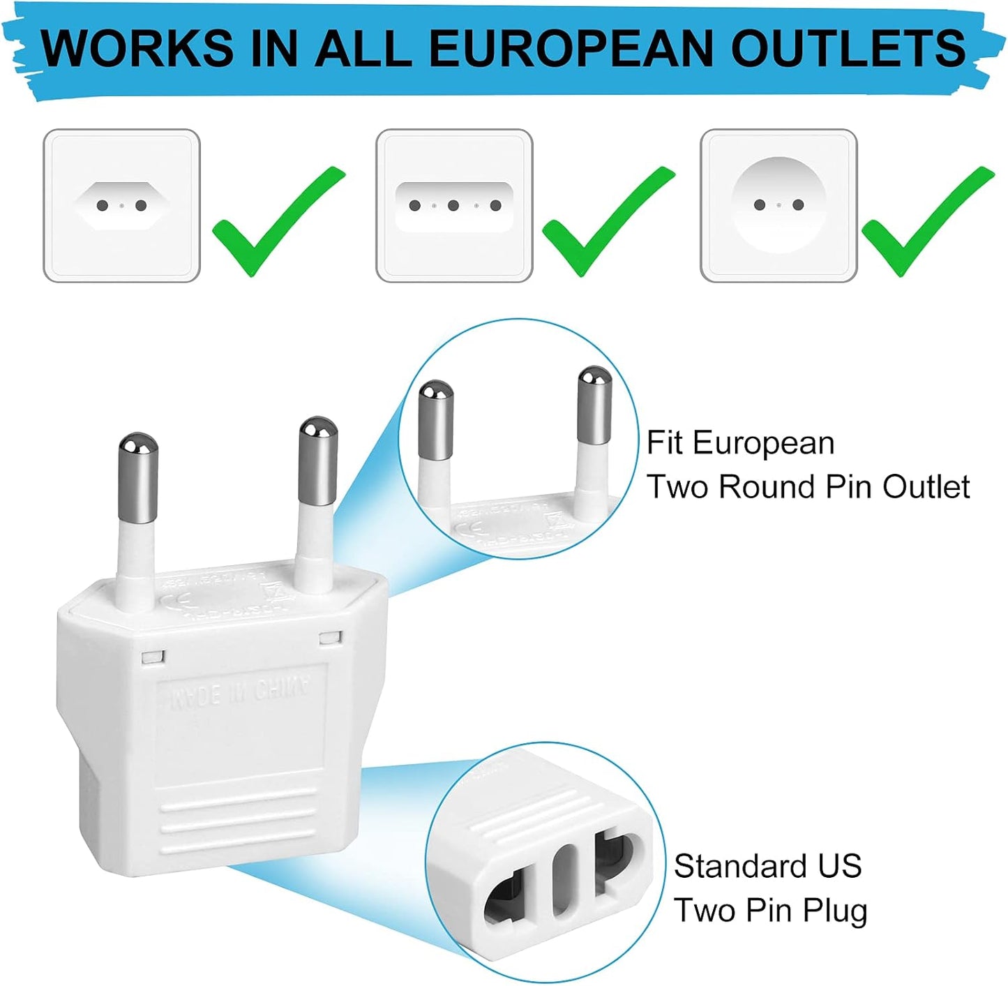 12 Pack White US to Europe Travel Adapter - Type C Plug Adapter for European Outlets