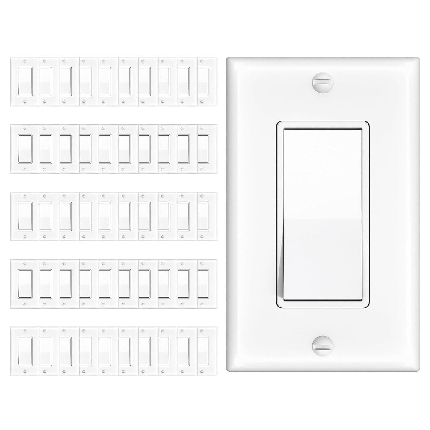 Amico Single Pole Light Switches with Wall Plates | UL Listed 120/277V On/Off Rocker Paddle Interrupter, Grounding Screw, Residential Grade, for Home and Business, White