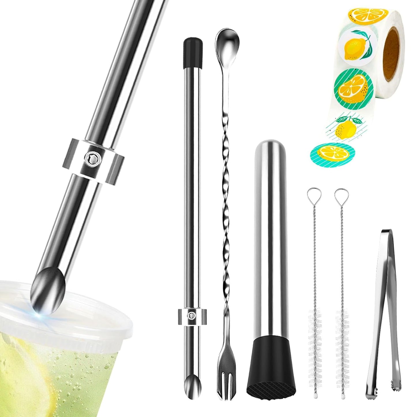 8-in-1 Lemonade Stand Tool Kit:2X 316 Stainless Steel Straw Hole Punchers for Plastic Lids,Straw Puncher Set and 1 Muddler for Lemonade,Mixing Spoon,2 Brushes,Tongs & 500Pcs Lemon Stickers for Cups