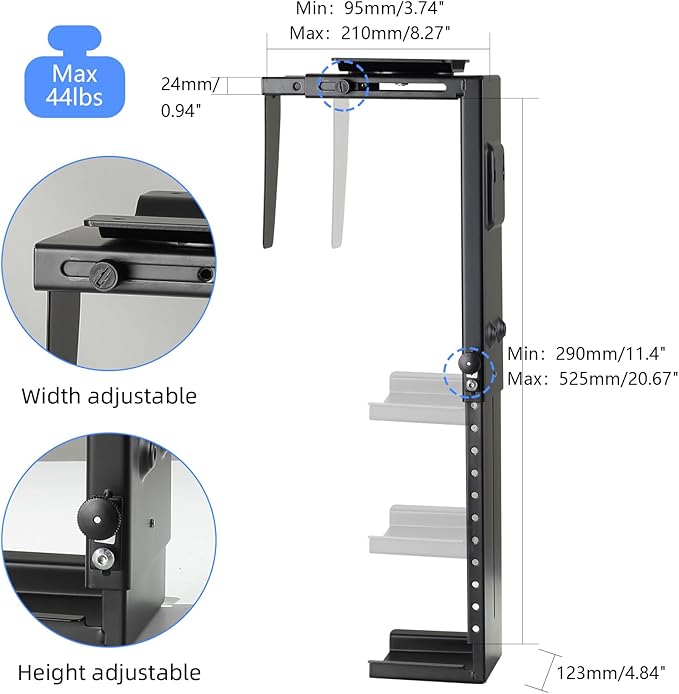 Pholiten Under Desk CPU Mount, Universal PC Wall Mount, 3.94 to 11.61 inch Wide - Image 2