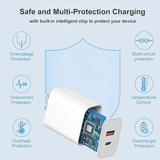 USB C Wall Charger, Dual Port 10FT iPhone Charger 20W PD+QC3.0 Power Adapter - Image 3