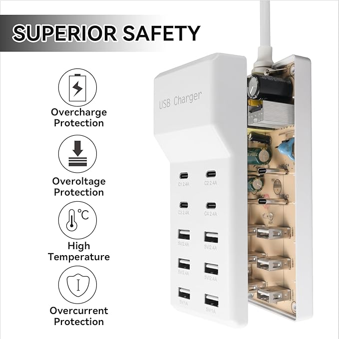 USB Charging Station with 6 USB-A & 4 USB-C Ports, 50W 10A USB Charging Block - Image 4