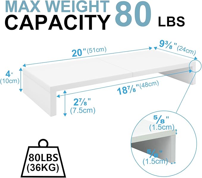 TEAMIX 20 inch White Monitor Stand Riser, Wood Desktop Stand - Image 5