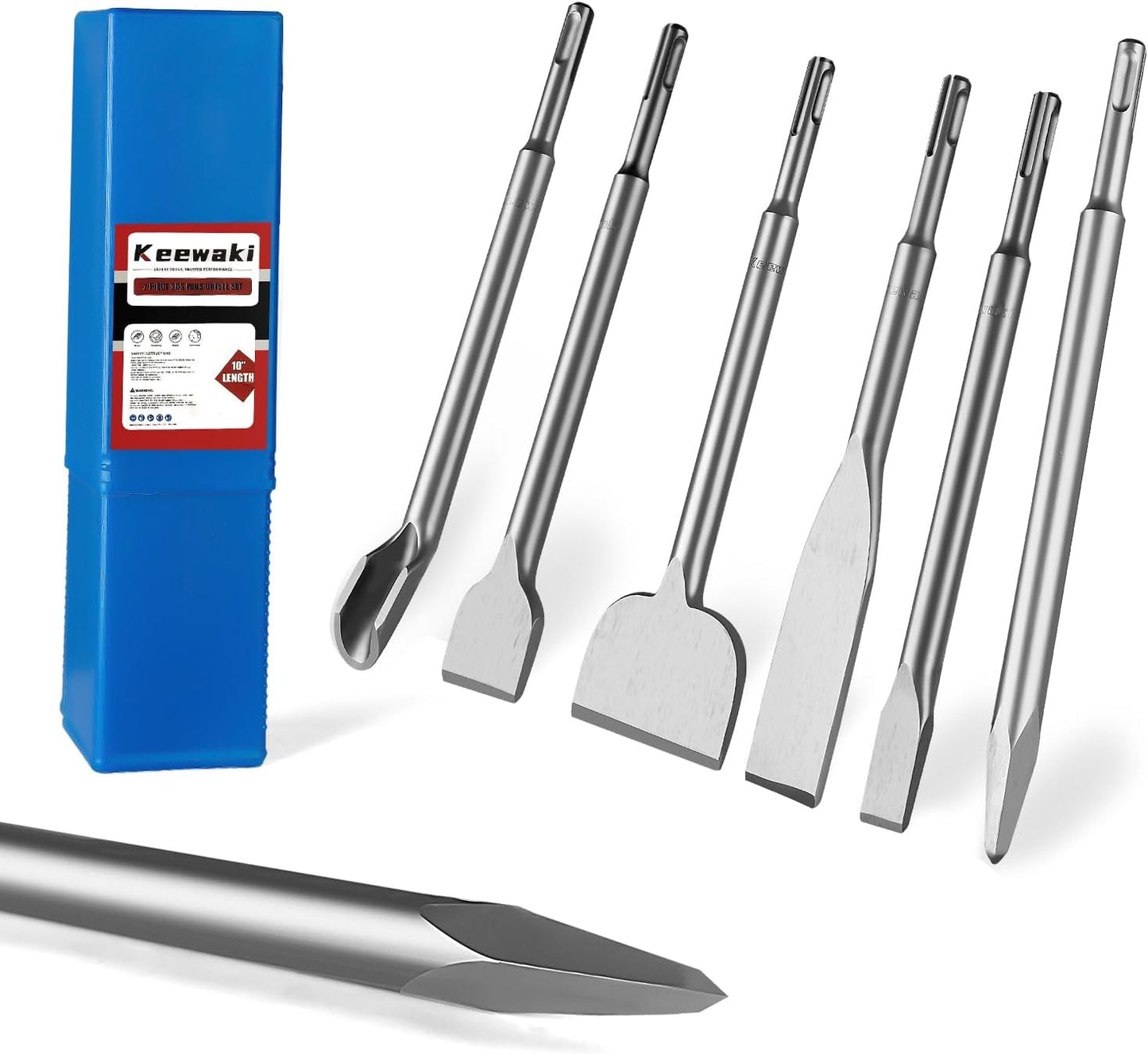 7PCS SDS Plus Chisel Set with Case, 10-Inch Rotary Hammer Chisels for Concrete, Tile & Masonry, Heat-Treated Steel, Includes Point, Flat, Grooving, Scraping, Tile & 3-Inch Scaling Chisel