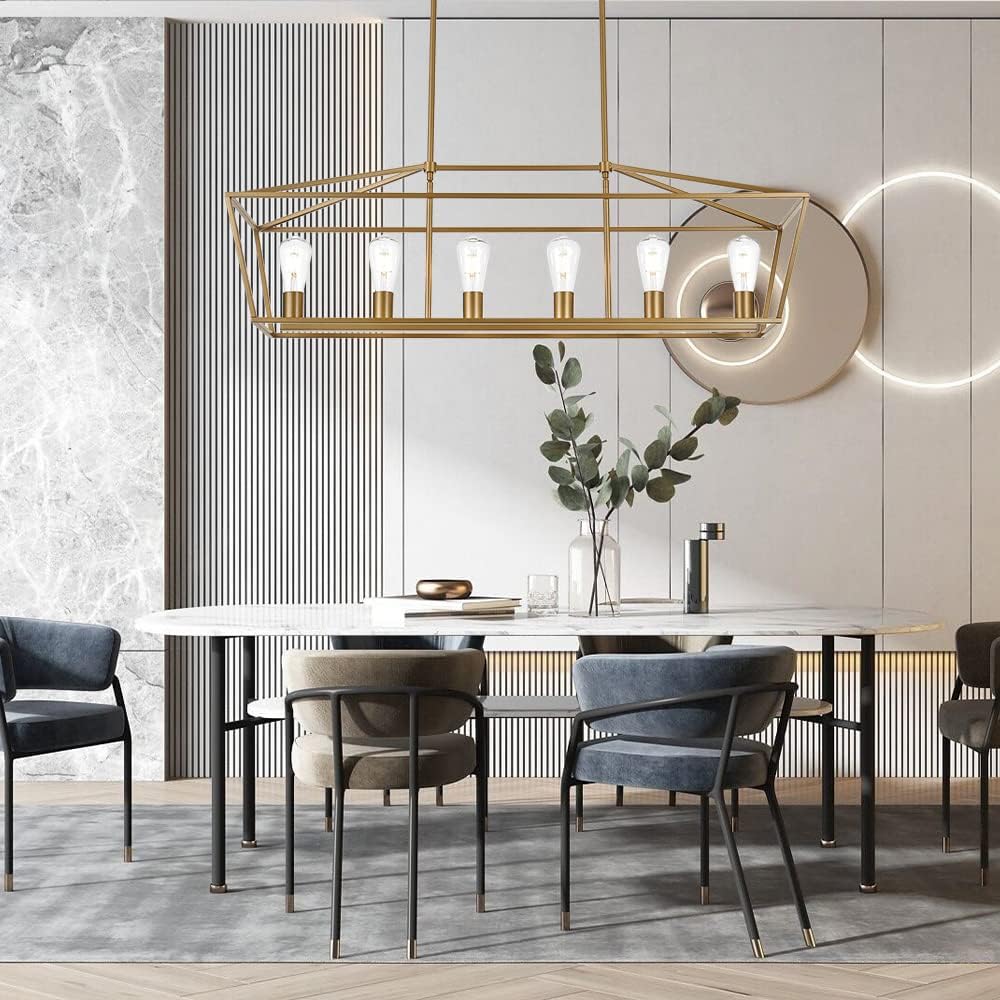 BONLICHT Farmhouse Chandeliers Gold 6 Light Modern Linear Dining Room Pendant Lighting Traditional Rectangular Kitchen Island Lantern Light Fixture Classic Ceiling Light with Adjustable Rods