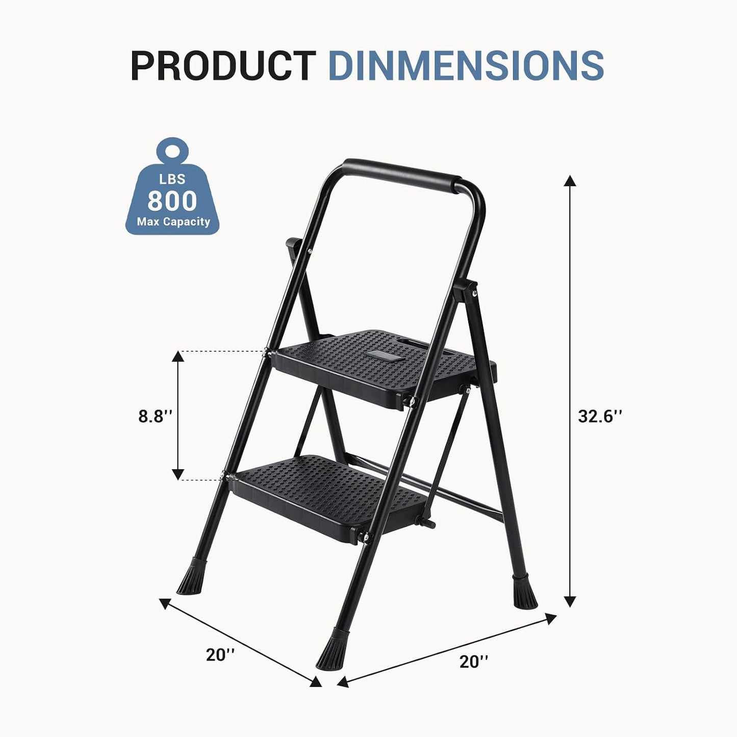 DUMOS Step Ladder, 2 Sturdy Step Stool with Anti-Slip Pedal & Comfortable Handrail, Portable Heavy Duty Step Stool for Kitchen, Garage & Outdoor Use, 800lbs, Black