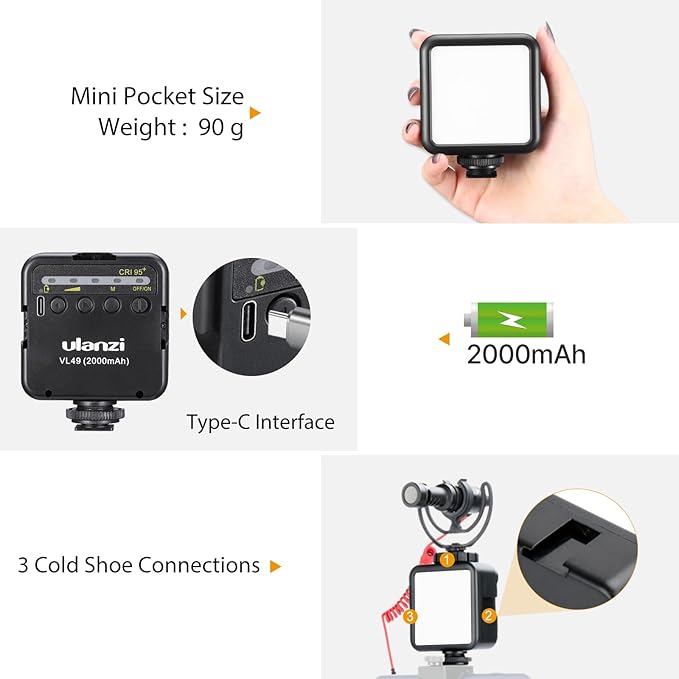 ULANZI VL49 2000mAh LED Video Light w 3 Cold Shoe, Rechargeable Soft Light Panel - Image 2