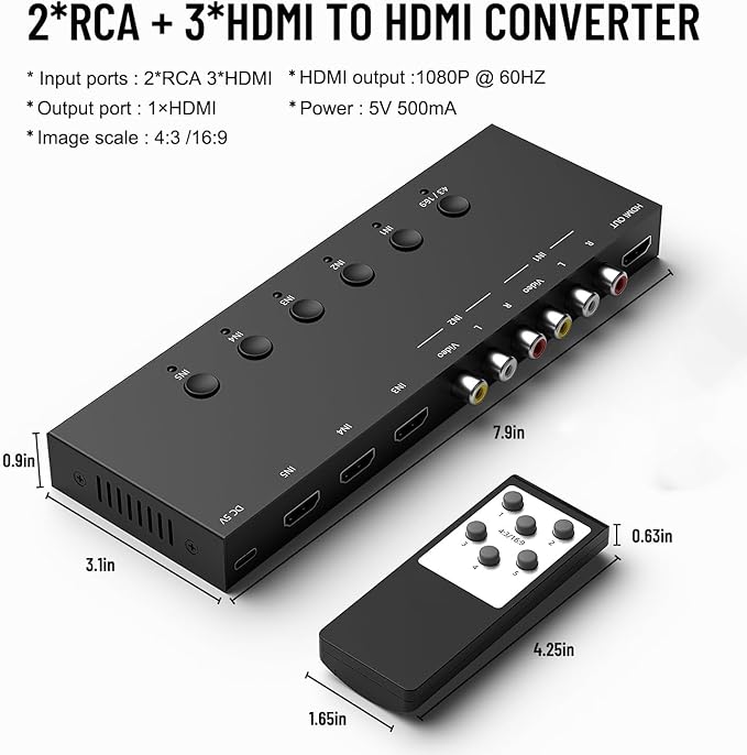 Azduou 2 AV Inputs + 3 HDMI 2.0 Inputs to HDMI Converter - Image 5