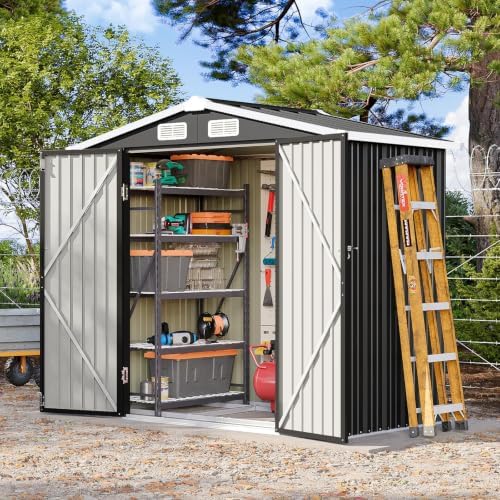 6x4ft outdoor storage shed with base black, side view