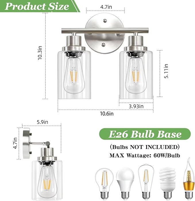 Guliaofo 2-Light E26 Bathroom Light Fixtures, Modern Brushed Nickel Vanity - Image 2