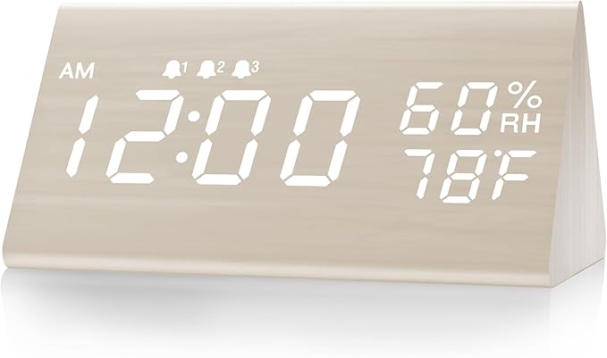 Digital Alarm Clock, with Wooden Electronic LED Time Display, 3 Alarm Settings by JALL