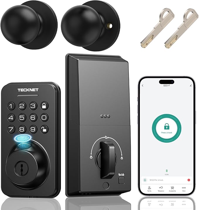Keyless Entry Door Lock with Handle, Fingerprint Keypad Deadbolt with Handle Set by Tecknet