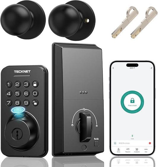 Keyless Entry Door Lock with Handle, Fingerprint Keypad Deadbolt with Handle Set by Tecknet