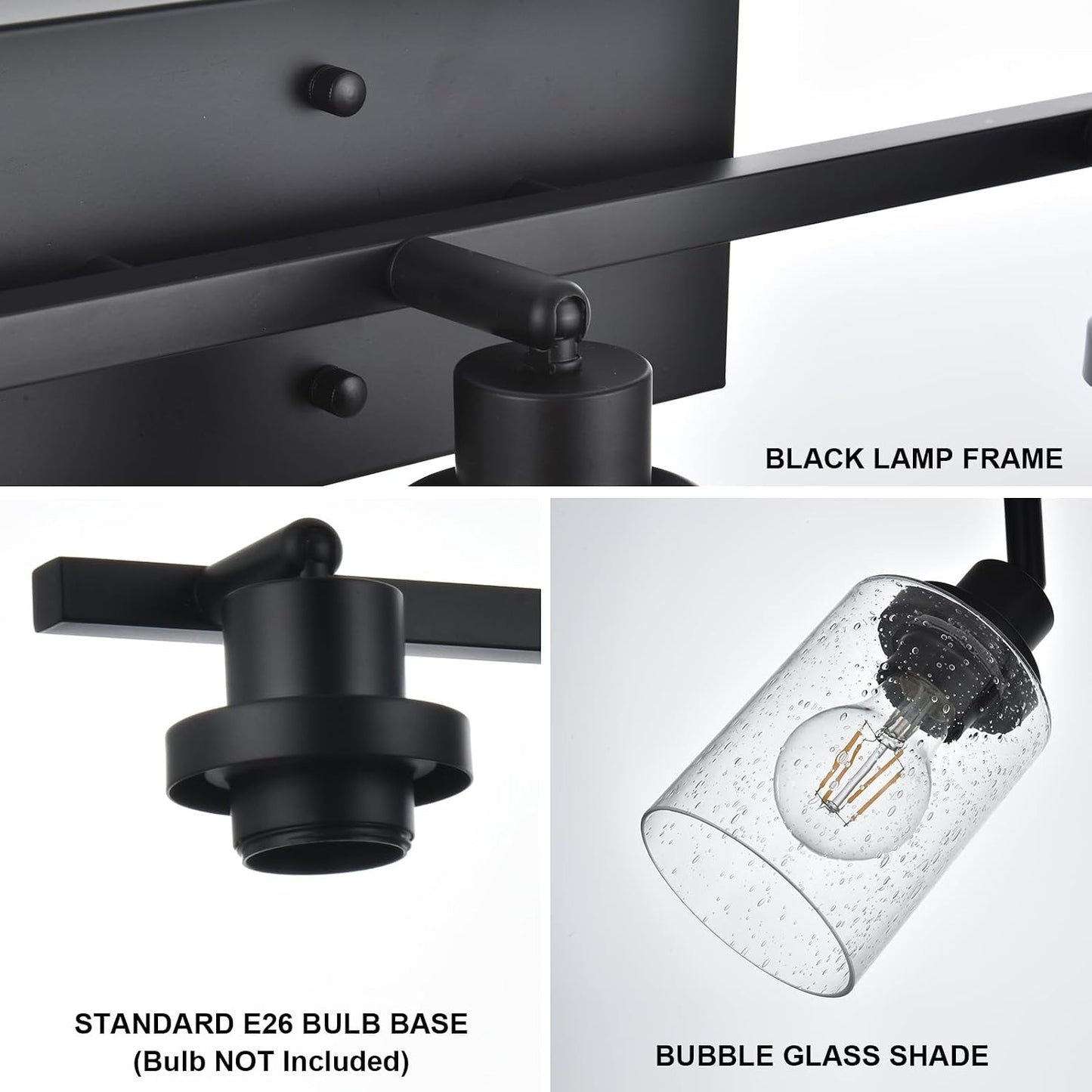 3-Light Black Track Lighting Kit Ceiling Mount Kitchen Track Lighting Fixtures, Bathroom Ceiling Tracking Vanity Light with Bubble Seeded Glass Shade & Rotatable Tracking Heads for Accent Shop