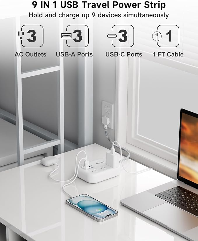 Beeiker Short Extension Cord 1 Ft- 6 USB Travel Power Strip - Image 3