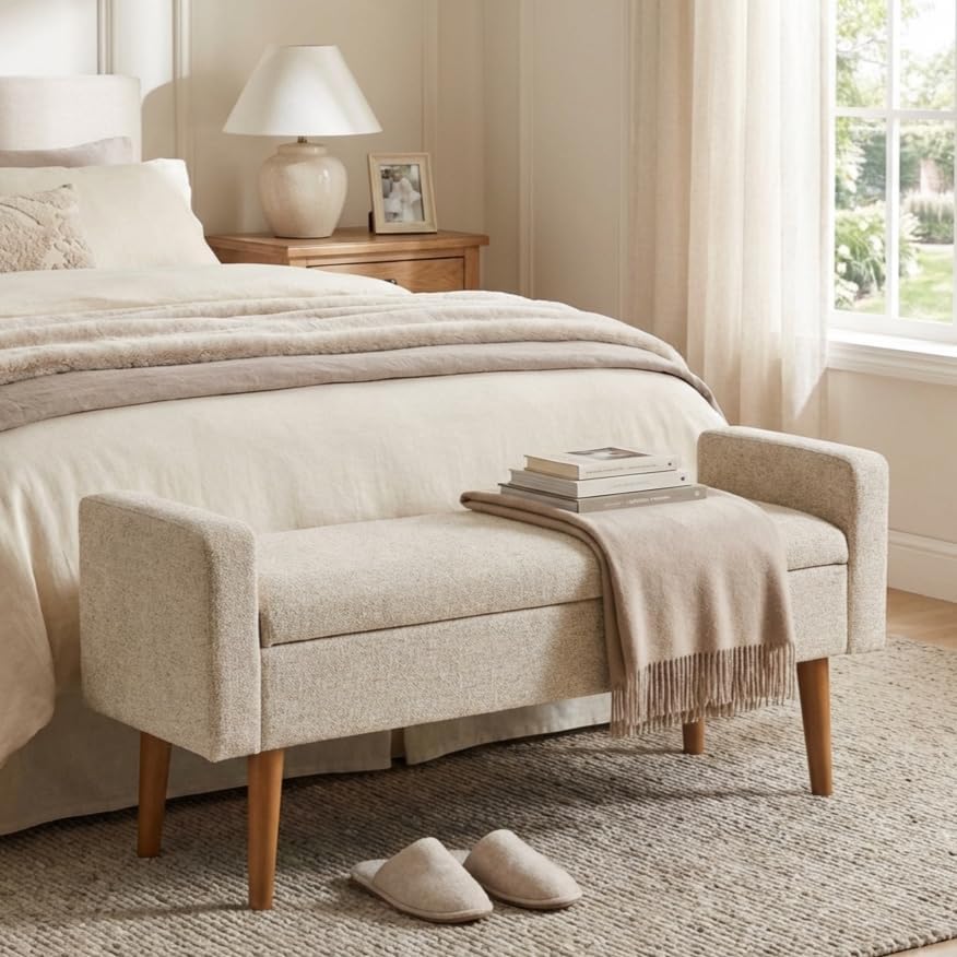 homepop fulton 48" storage bench - textured cream shown in use