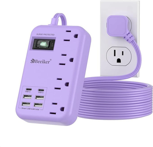 Beeiker 6 USB Purple Surge Protector Power Strip- 10 Ft Purple Extension Cord by Beeiker-BetterHelperforYou
