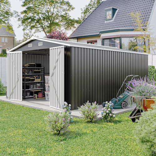 10x14 ft outdoor storage shed, large metal garden, front angle view
