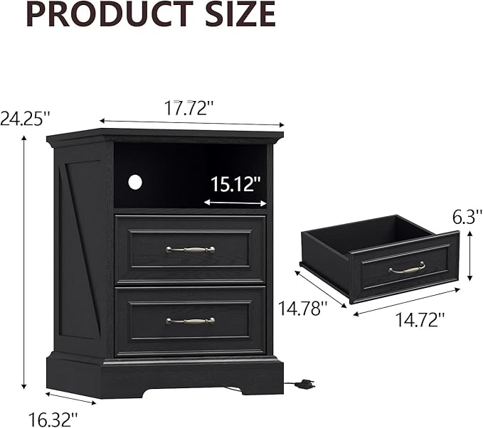 Nightstand with Charging Station, Rustic Farmhouse Wood Small Dresser, Bedside - Image 2