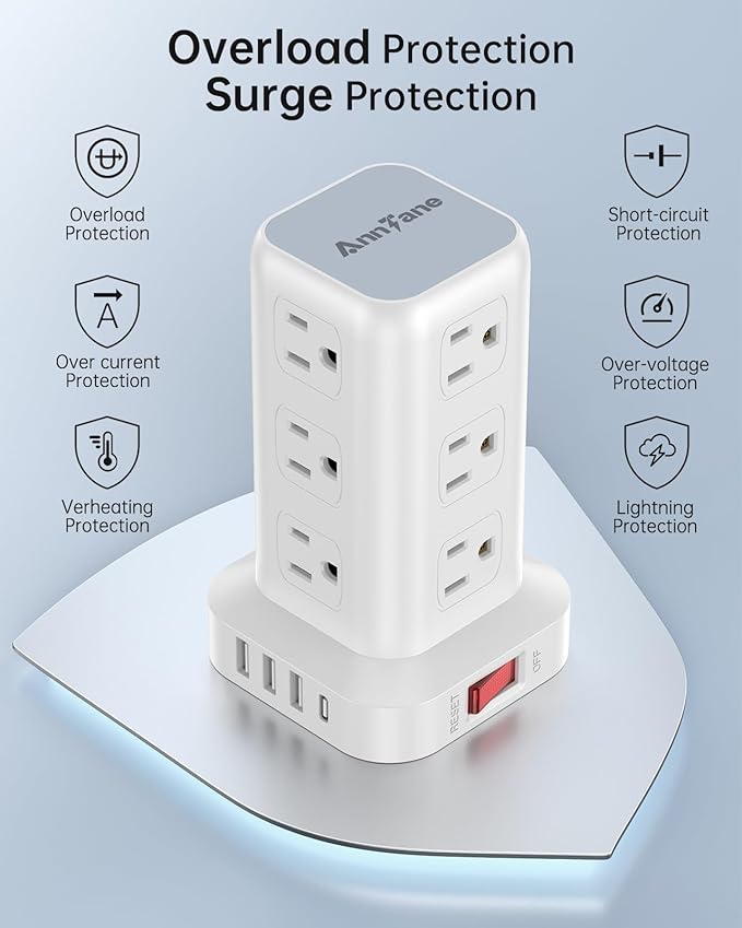 AnnTane Surge Protector Power Strip 10 FT Cord, Power Strip Tower - Image 4