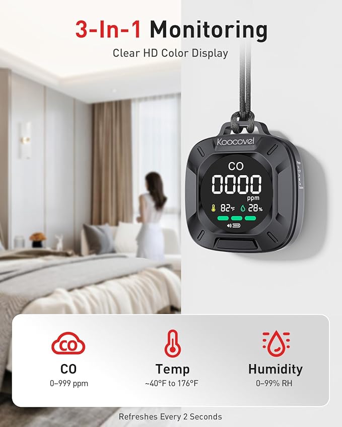 Portable Carbon Monoxide Detector Travel, Rechargeable 3-in-1 CO, Temperature & - Image 2