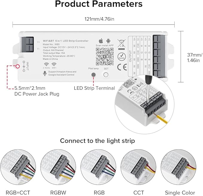 FCOB 5in1 WB5 2.4GHz WiFi PWM LED Controller Compatible - Image 2