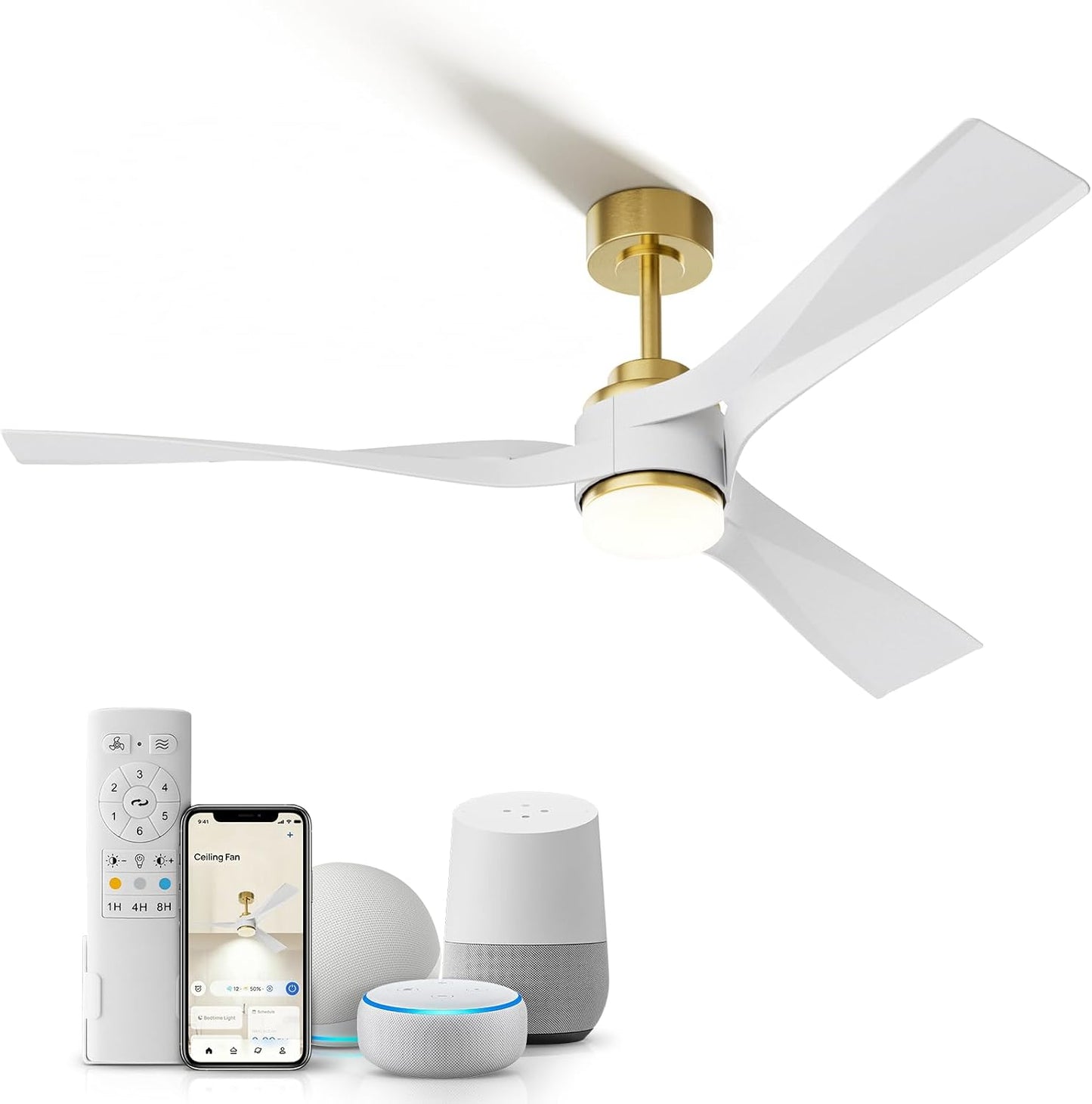 56 inch Modern Smart Ceiling Fan with Light, Gold White Outdoor Ceiling Fans for Patios with Alexa/Google/App and Remote Control, 3 Blade DC High CFM for Indoor Bedroom/Living Room/kitchen Ceiling Fan