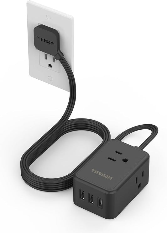 Flat Black Extension Cord, TESSAN Ultra Thin Power Strip by TESSAN