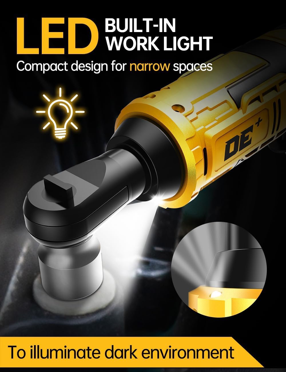 3/8 Inch Electric Ratchet Wrench Set for DEWALT 20V Battery, 88Ft-Lbs, 0-550RPM, Cordless Ratchet Wrench w/Variable Speed, Brushless Motor, Reinforced Head, R&F Switch, 7 Sockets,3/8" to 1/4" Adapter