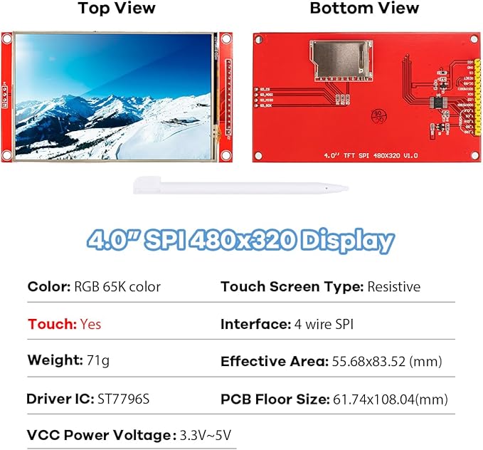 Hosyond 4.0 Inches 480x320 TFT Touch Screen LCD Display Module SPI ST7796S - Image 2