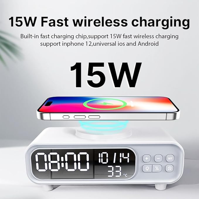 IHAO 5in1 Alarm Clock with Wireless Charging Night Light 15W Fast Charger - Image 3