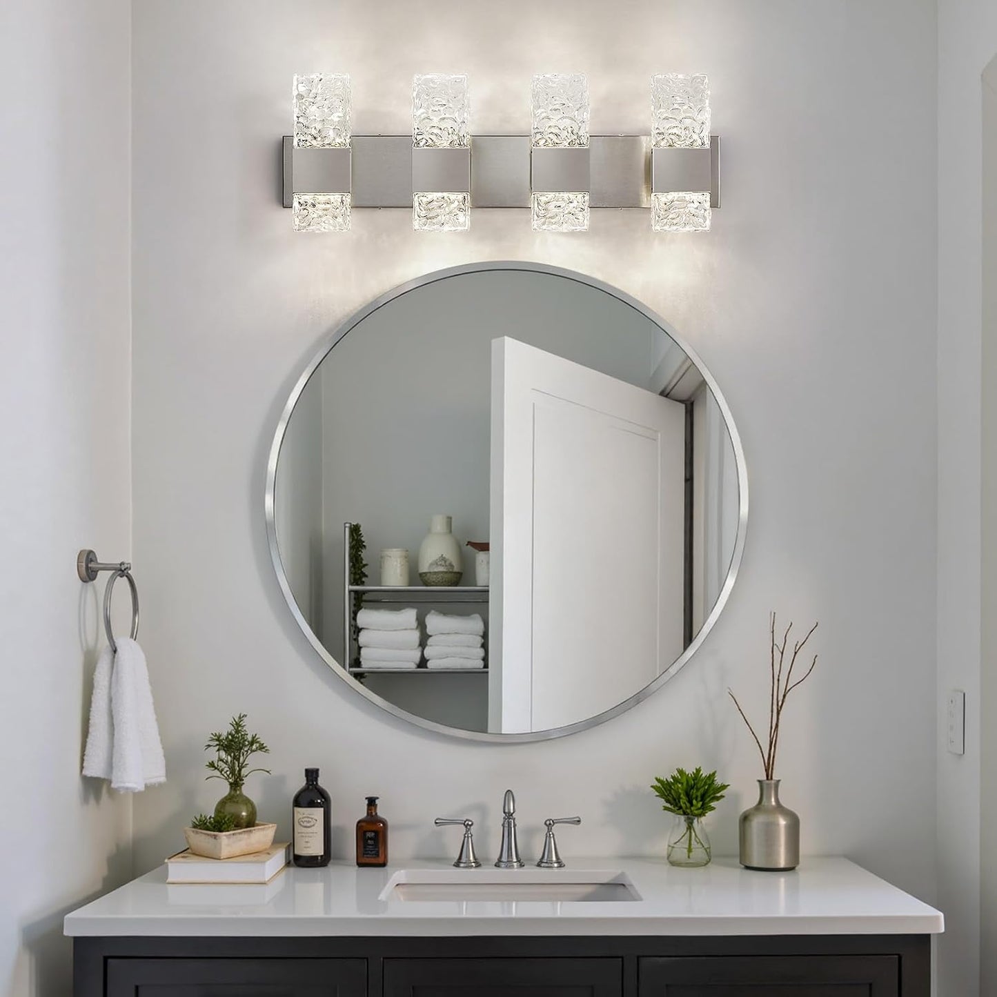 Epinl Brushed Nickel 4-Light Bathroom Vanity Lights, 4000K Modern Bathroom Lighting Fixtures Over Mirror, 28" LED Crystal Bathroom Light Fixtures Hardwired Wall Sconces for Bathroom Living Room